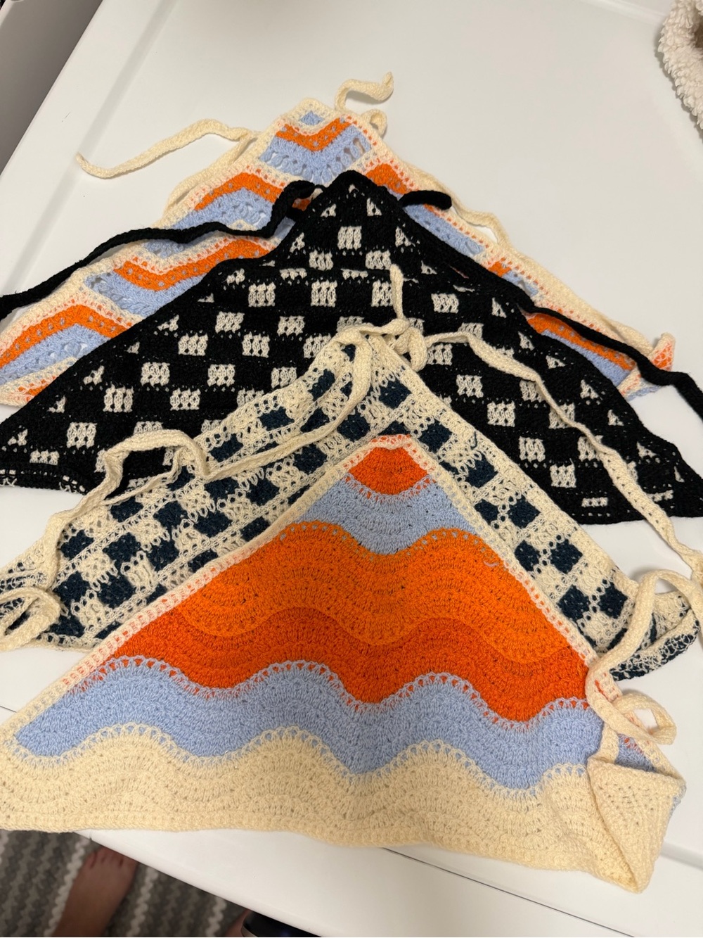 Crochet Wave and Checker Knit Halter Top - Orange, Light Blue & Cream